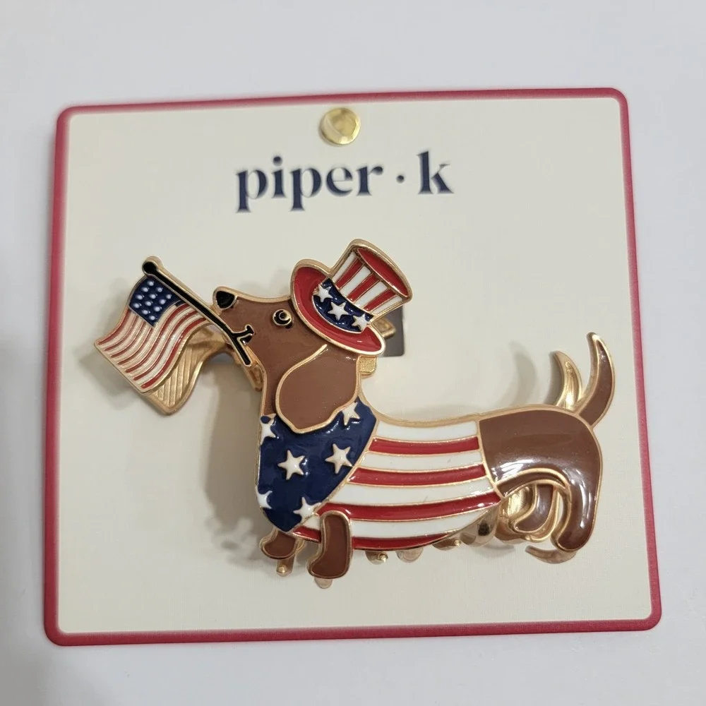 Piper K Patriotic Dachshund Hair Claw Clip American Flag‎ Wiener Dog Enamel Gold
